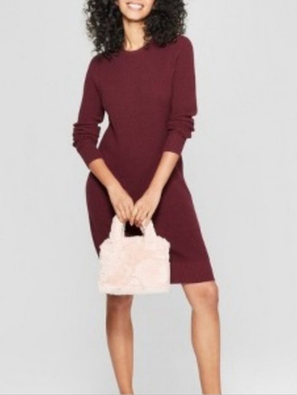 A New Day Maroon Burgundy  Crewneck Ribbed  Sweater Dress   Long-Sleeve